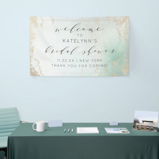 Abstracte Aqua Ombre Fade met Frosted Gold Glitter Spandoek (Beurs)