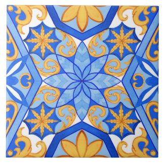 Abstracte aquarel blauwe en gouden geometrische vo tegeltje