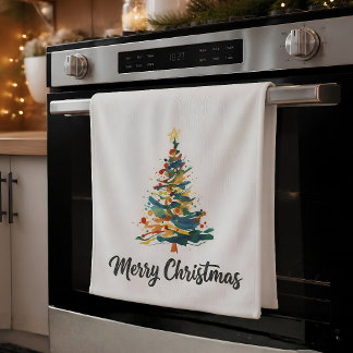 Abstracte Aquarel Kerstboom Prettig Kerstfeest Theedoek