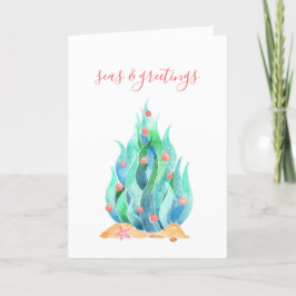 Abstracte Aquarel Zeewier Boom Kust Kerstmis Feestdagen Kaart