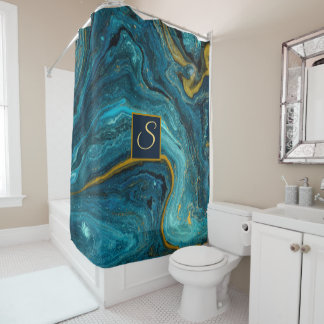 Abstracte Art Blue Green Gold Dust Monogram Marmer Douchegordijn