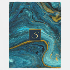Abstracte Art Blue Green Gold Dust Monogram Marmer Fleece Deken