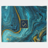 Abstracte Art Blue Green Gold Dust Monogram Marmer Fleece Deken (Voorkant (Horizontaal))