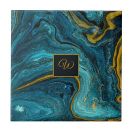 Abstracte Art Blue Green Gold Dust Monogram Marmer Tegeltje