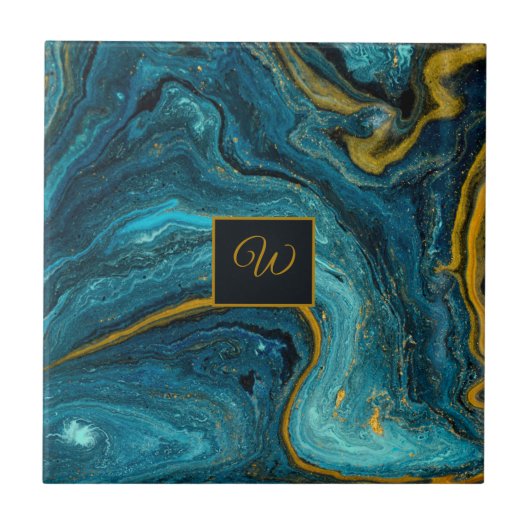 Abstracte Art Blue Green Gold Dust Monogram Marmer Tegeltje (Voorkant)