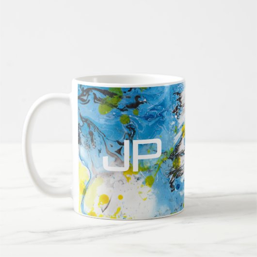 Abstracte Art Blue Yellow White Sjabloon Monogram Koffiemok (Links)