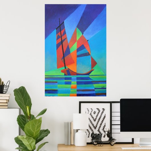 Abstracte art junk boat tegen Deep Blue Sky Poster (Thuiskantoor)