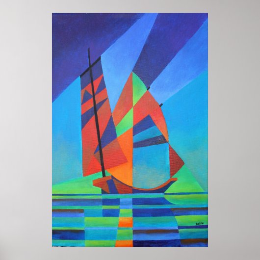 Abstracte art junk boat tegen Deep Blue Sky Poster (Voorkant)