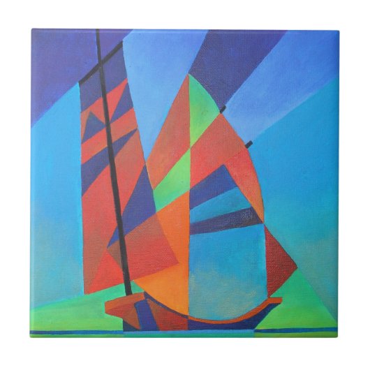 Abstracte art junk boat tegen Deep Blue Sky Tegeltje (Voorkant)
