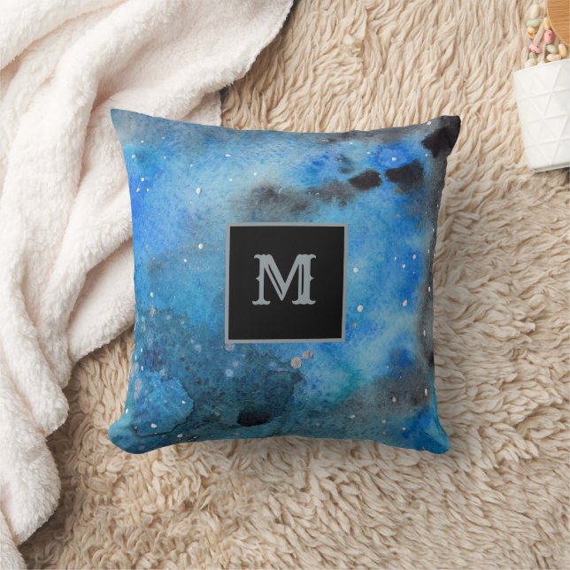 Abstracte Art Monogram Blue Black Waterverf Kussen (Deken)