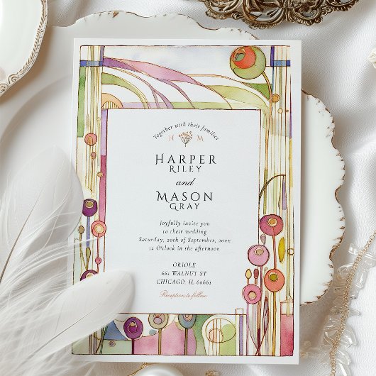 Abstracte Art Nouveau Floral Waterverf bruiloft Kaart