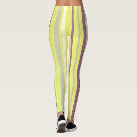 Abstracte Art Paarse Grijs Gele Witte Strepen Leggings (Achterkant)