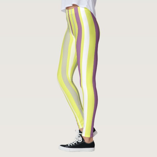 Abstracte Art Paarse Grijs Gele Witte Strepen Leggings (Links)