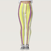 Abstracte Art Paarse Grijs Gele Witte Strepen Leggings (Voorkant)