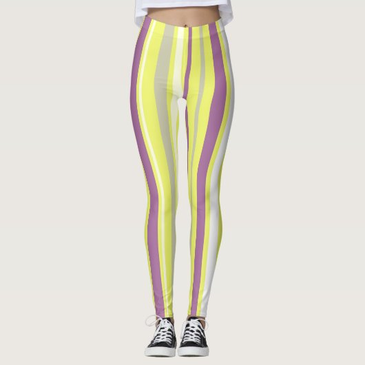 Abstracte Art Paarse Grijs Gele Witte Strepen Leggings (Voorkant)