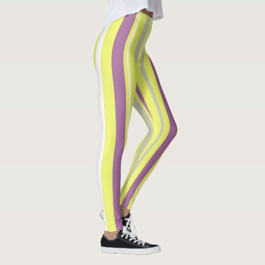 Abstracte Art Paarse Grijs Gele Witte Strepen Leggings (Rechts)