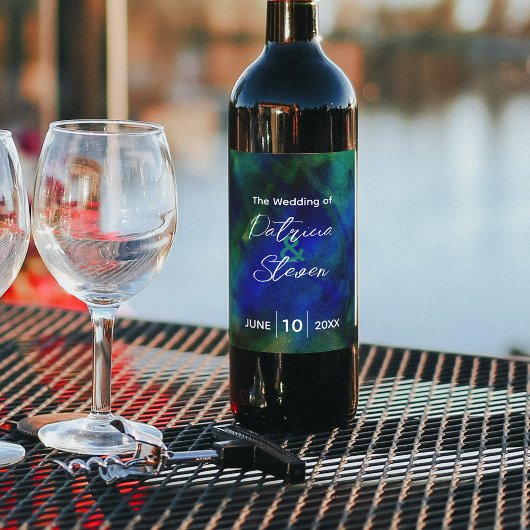 Abstracte artistieke donkerblauwe groene bruiloft wijn etiket