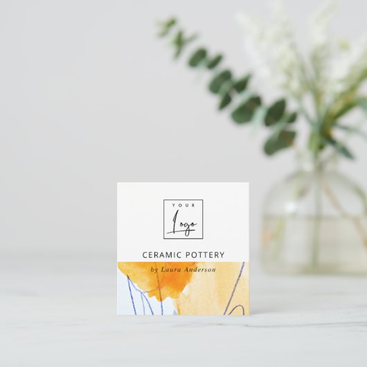 Abstracte Artistieke Geel Blauw Waterverf Art Logo Vierkante Visitekaartje (Staand voorkant)