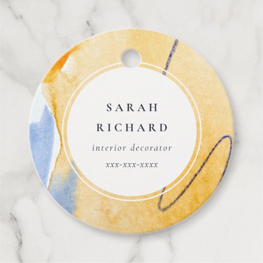 Abstracte Artistieke Geel Blauw Waterverf Kunst Bedankjes Labels (Voorkant)
