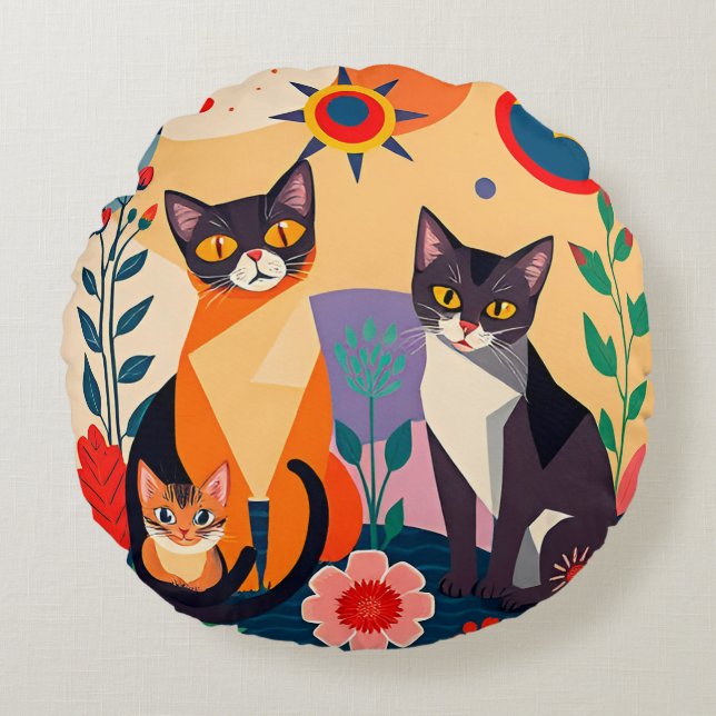 Abstracte Artistieke Weergave van Katten Rond Kussen (Voorkant)