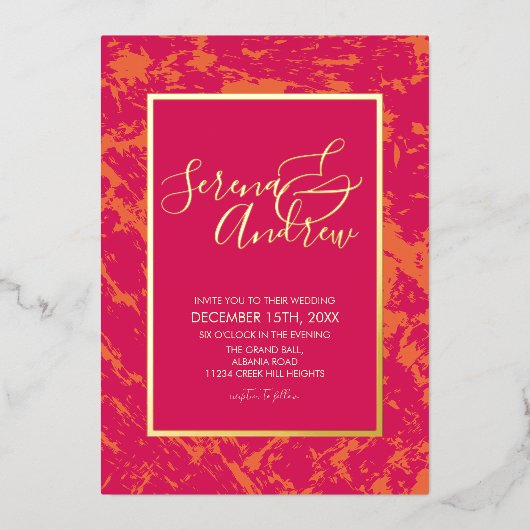 Abstracte Artsy Hot Roze Sinaasappel Modern Goud Folie Uitnodiging (Voorkant)