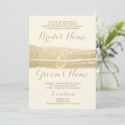 Abstracte Artsy Ivoor Goud Brushstrokes Bruiloft Kaart (Staand voorkant)