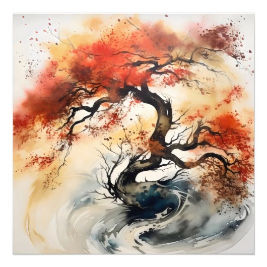 Abstracte Autumn Tree Ink schilderij Foto Afdruk (Voorkant)