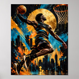 Abstracte Basketbalspeler die naar de Hoop zweeft Poster