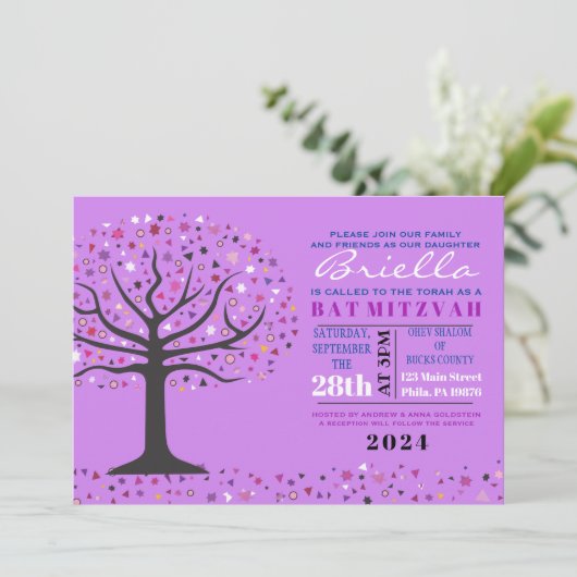 Abstracte Bat Mitzvah Paars Invite Kaart (Staand voorkant)