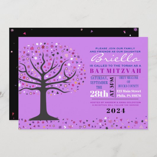 Abstracte Bat Mitzvah Paars Invite Kaart (Voorkant / Achterkant)