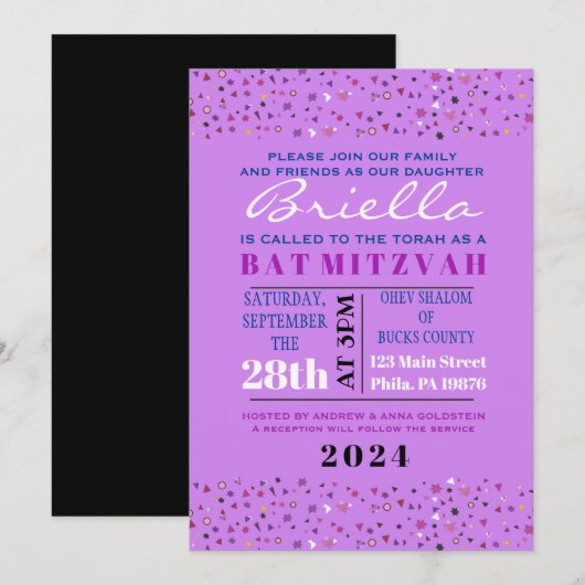 Abstracte Bat Mitzvah Paars Invite Kaart (Voorkant / Achterkant)