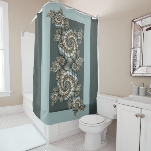 Abstracte beige lichtblauwe fractale kunstspiralen douchegordijn (In situ)