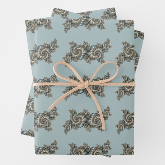 Abstracte beige lichtblauwe fractale kunstspiralen inpakpapier vel (In situ)