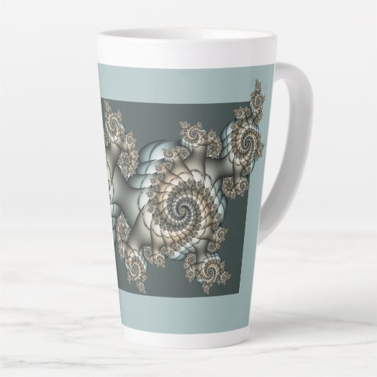 Abstracte beige lichtblauwe fractale kunstspiralen latte mok (Rechterhoek)