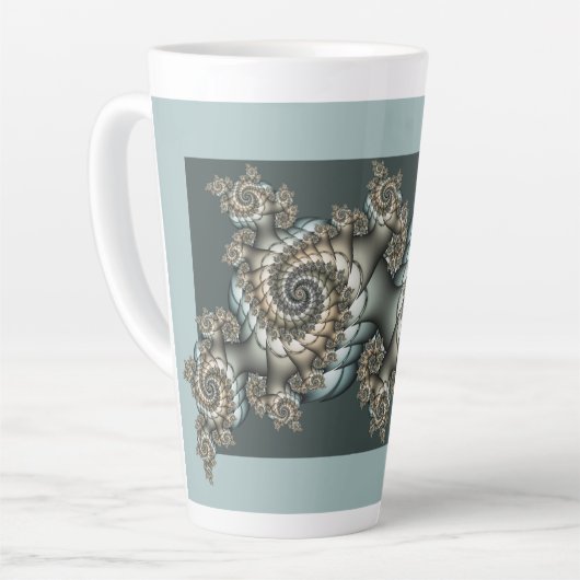 Abstracte beige lichtblauwe fractale kunstspiralen latte mok (Linkerhoek)