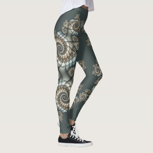 Abstracte beige lichtblauwe fractale kunstspiralen leggings (Rechts)