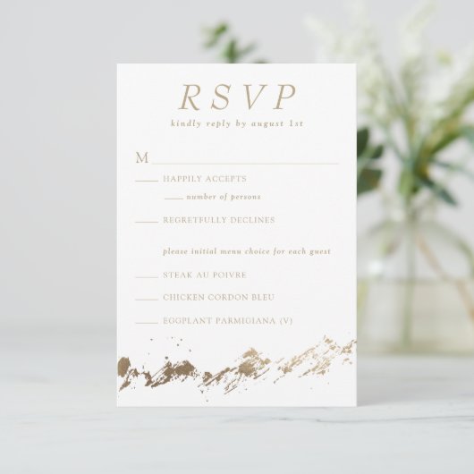 Abstracte Bergen Wit & Goud Bruiloft RSVP Kaart (Staand voorkant)