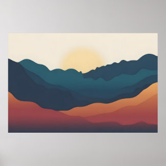 Abstracte berglagen in diepblauw en oranje poster