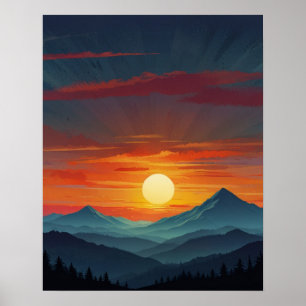 Abstracte bergzonsopgang poster