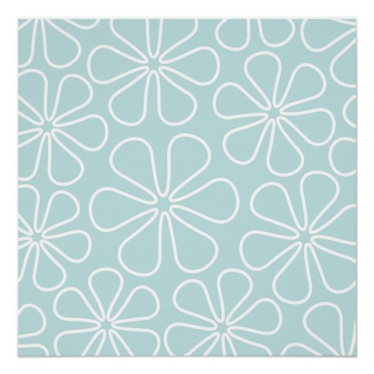 Abstracte Big Flowers White op Duck Egg Blue Perfect Poster (Voorkant)