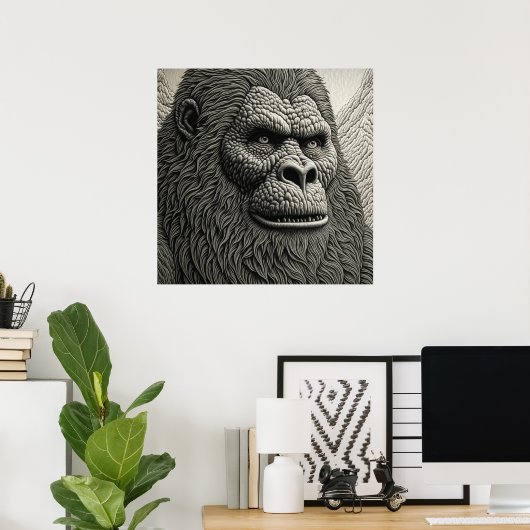 Abstracte Bigfoot in Zwart-wit Ai Art Poster (Thuiskantoor)