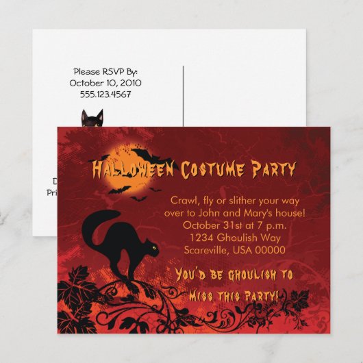 Abstracte Black Cat and Bats Halloween Party Uitnodiging Briefkaart (Voorkant / Achterkant)