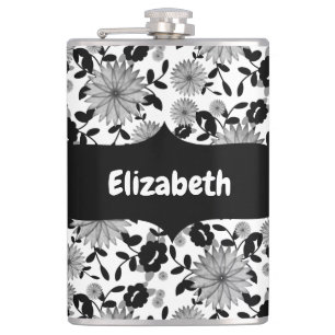 Abstracte Black White Grey Florals Designer Flask Heupfles