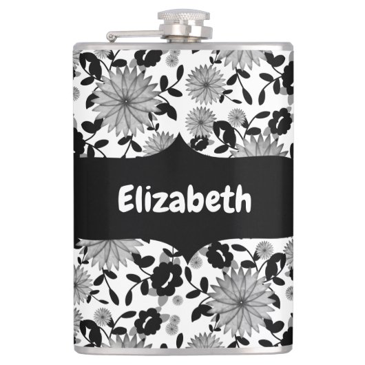 Abstracte Black White Grey Florals Designer Flask Heupfles (Voorkant)