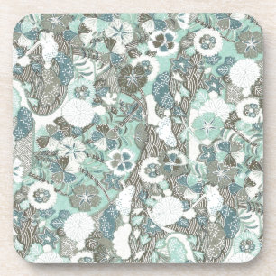 Abstracte blauw bruine bloemen bier onderzetter