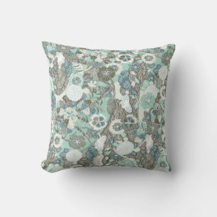 Abstracte blauw bruine bloemen kussen