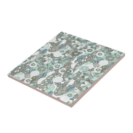 Abstracte blauw bruine bloemen tegeltje (Zijkant)