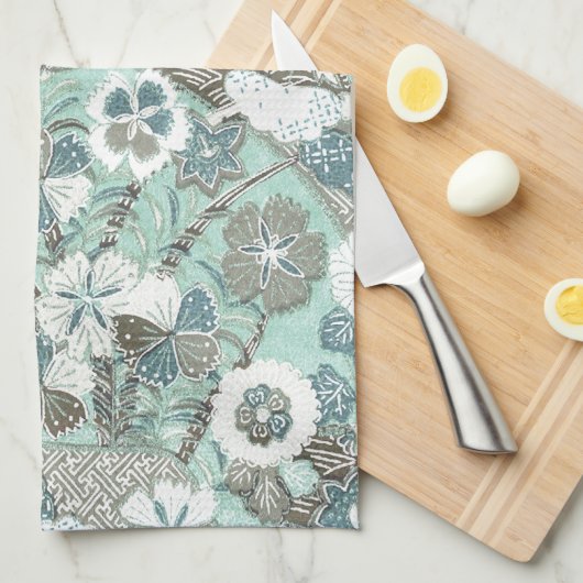 Abstracte blauw bruine bloemen theedoek (Quarter Fold)