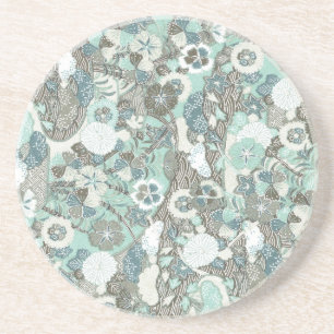 Abstracte blauw bruine bloemen zandsteen onderzetter