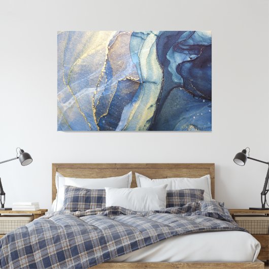 Abstracte blauw- en goudalcoholinkt canvas afdruk (Insitu (Slaapkamer))